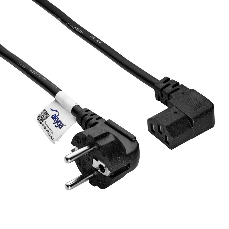 Akyga AK-PC-02C Cable de alimentación CEE 7/7 a IEC C13 acodado 90°, cobre 3x0,75 mm², 1,5 m, negro
