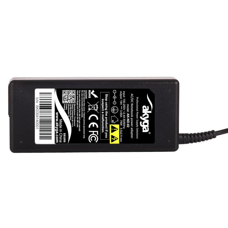 Akyga AK-ND-02 fuente de alimentación para portátil 19 V / 3,95 A, 75 W, 5,5 x 2,5 mm, 1,2 m, para ASUS / Toshiba / Lenovo