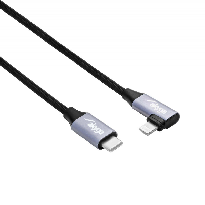 Akyga AK-USB-56 cable USB-C a Lightning trenzado con conector acodado, USB 2.0, 30 W, 1 m, negro