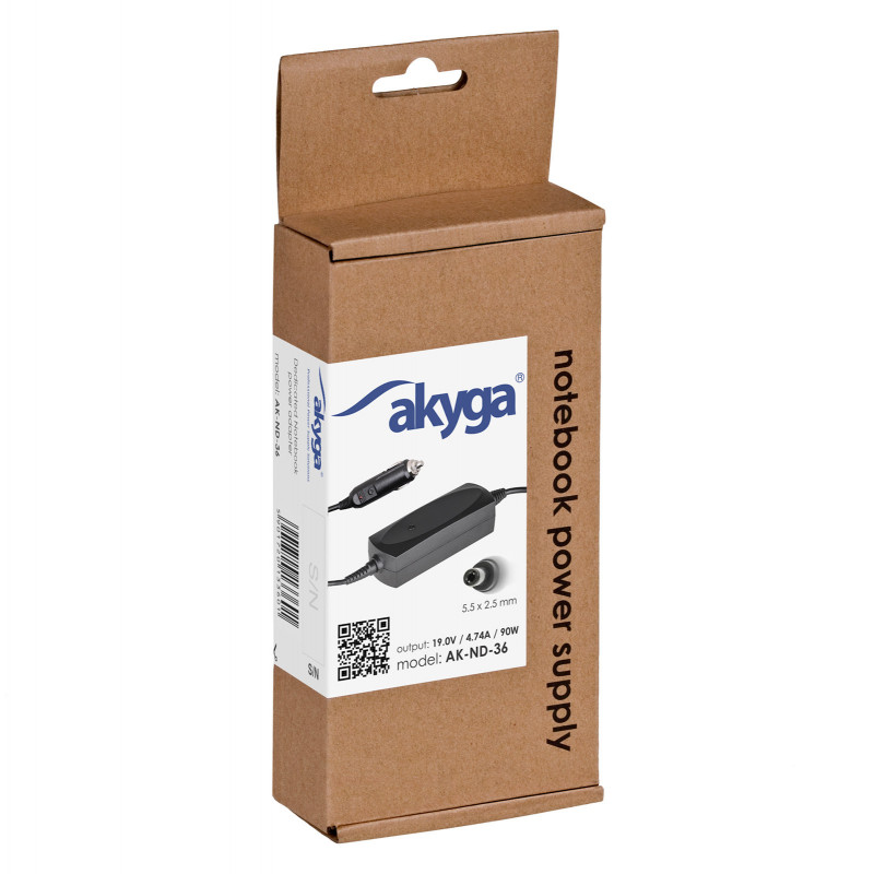 Akyga AK-ND-36 fuente de alimentación para portátil de coche 19 V / 4,74 A, 90 W, 5,5 x 2,5 mm, para ASUS / Toshiba