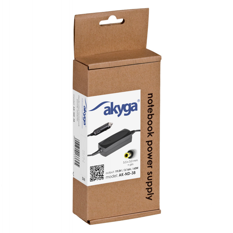 Akyga AK-ND-38 fuente de alimentación de coche para portátil 19 V / 3,16 A, 60 W, 5,5 x 3,0 mm + pin, para Samsung