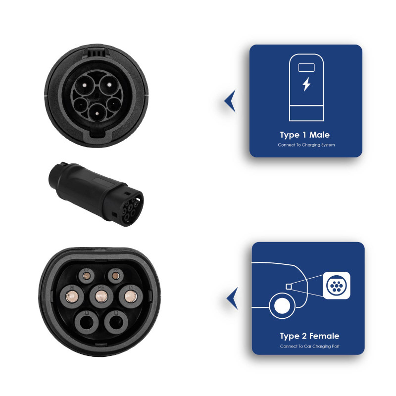 Akyga AK-SC-E09 adaptador de carga para vehículos eléctricos Type 1 (J1772) conector hembra a Type 2 (IEC 62196-2) conector macho, monofásico, 32 A, negro