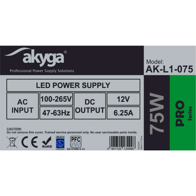 Akyga AK-L1-075 Fuente de alimentación conmutada LED 12 V, 6,25 A, 75 W, IP20