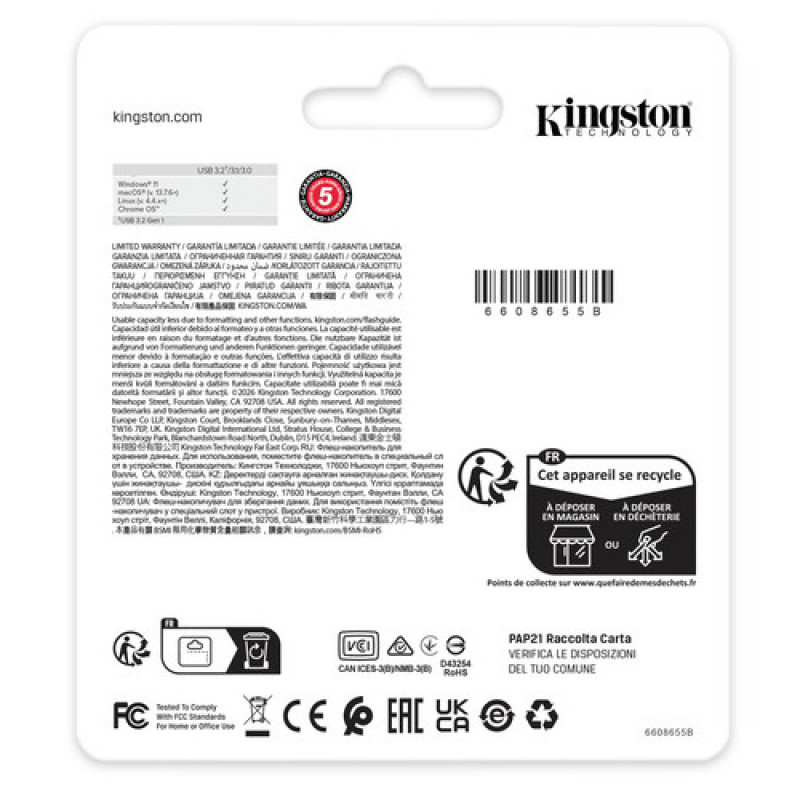 Kingston DataTraveler Kyson DTKNG2/128GB memoria USB, 128 GB, USB 3.2 Gen 1, metálica
