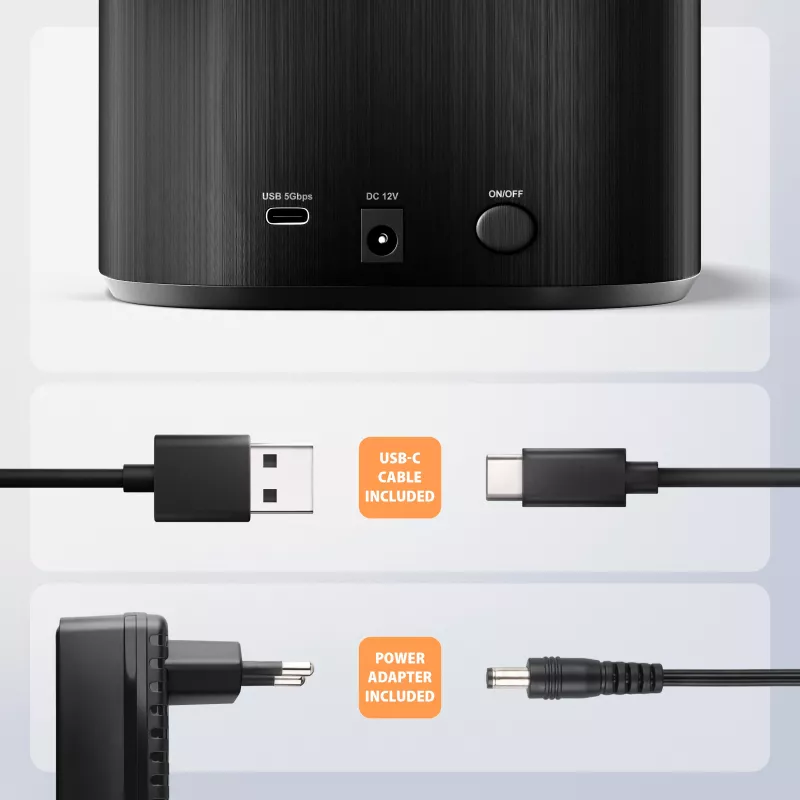 Axagon ADSA-SC base de acoplamiento para discos SATA de 2,5/3,5 pulgadas, USB-C 5 Gbps, con función de clonado