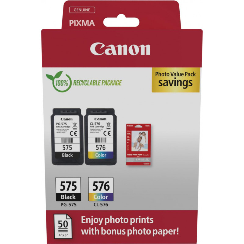 Canon PG-575/CL-576 Photo Value Pack, cartuchos de tinta negro + color (2 uds.) con papel fotográfico