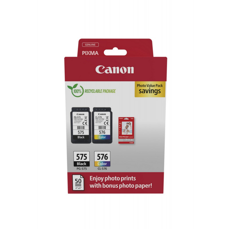 Canon PG-575/CL-576 Photo Value Pack, cartuchos de tinta negro + color (2 uds.) con papel fotográfico