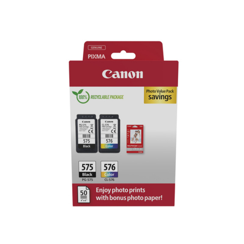 Canon PG-575/CL-576 Photo Value Pack, cartuchos de tinta negro + color (2 uds.) con papel fotográfico