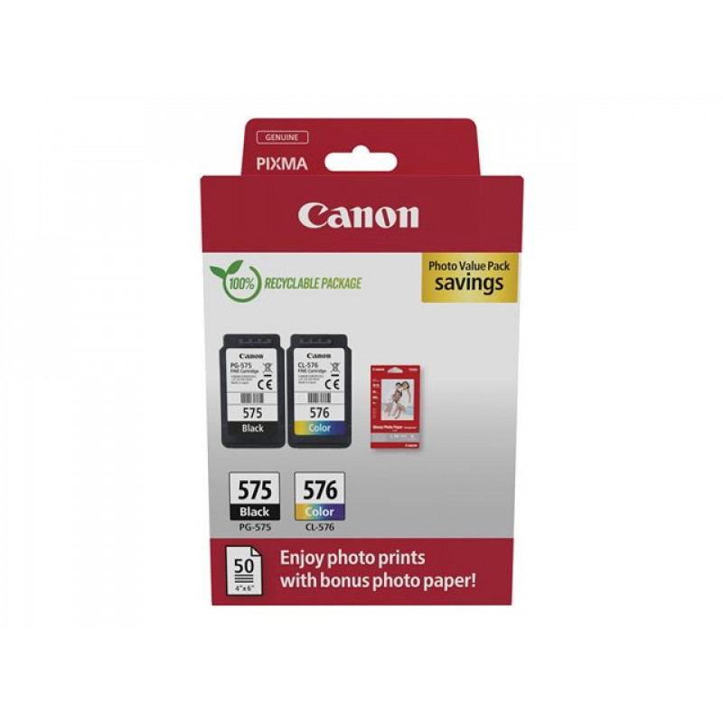 Canon PG-575/CL-576 Photo Value Pack, cartuchos de tinta negro + color (2 uds.) con papel fotográfico