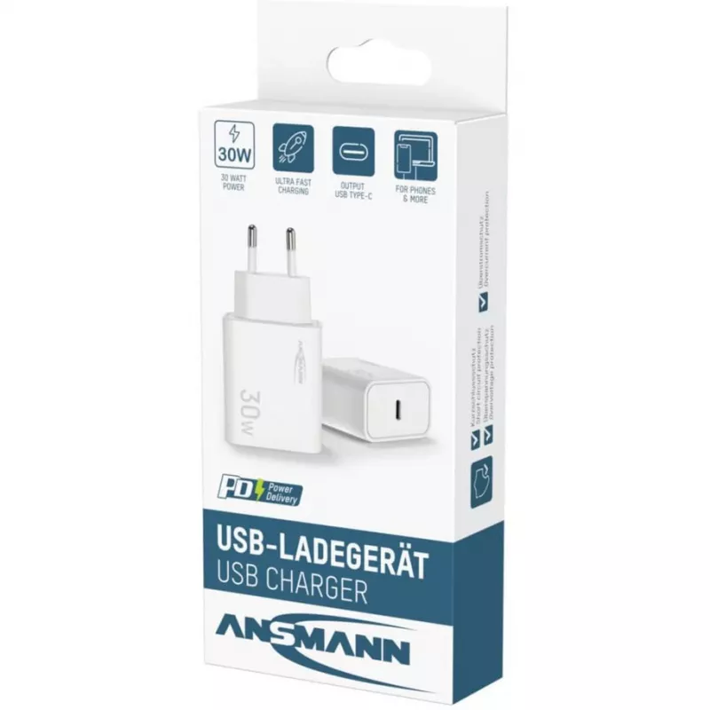 Ansmann Home Charger HC130PD cargador USB, 1x USB-C, PPS, PD, Quick Charge, 30 W, blanco
