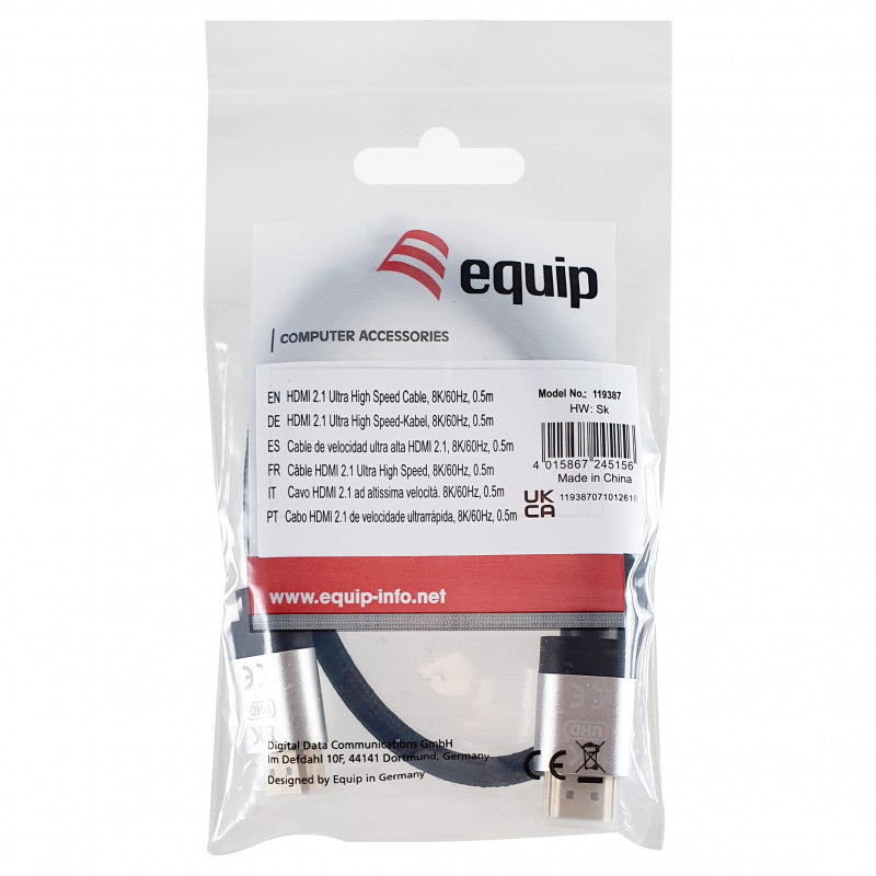 Equip 119387 cable HDMI 2.1 Ultra High Speed con Ethernet, 48 Gbps, 8K/60 Hz, negro, 0,5 m