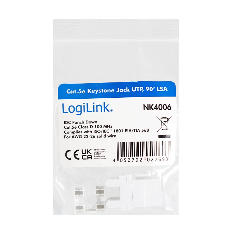 LogiLink NK4006 módulo keystone RJ45, Cat.5e UTP, conexión por desplazamiento 90°, blanco
