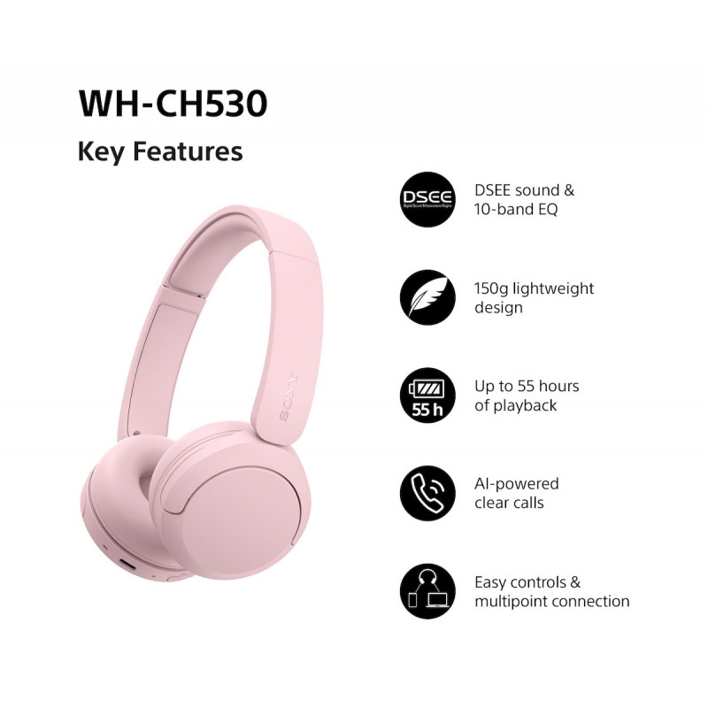 Sony WH-CH530 auriculares Bluetooth supraaurales con micrófono, reducción de ruido, rosa