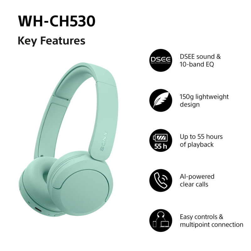 Sony WH-CH530 auriculares inalámbricos Bluetooth, menta