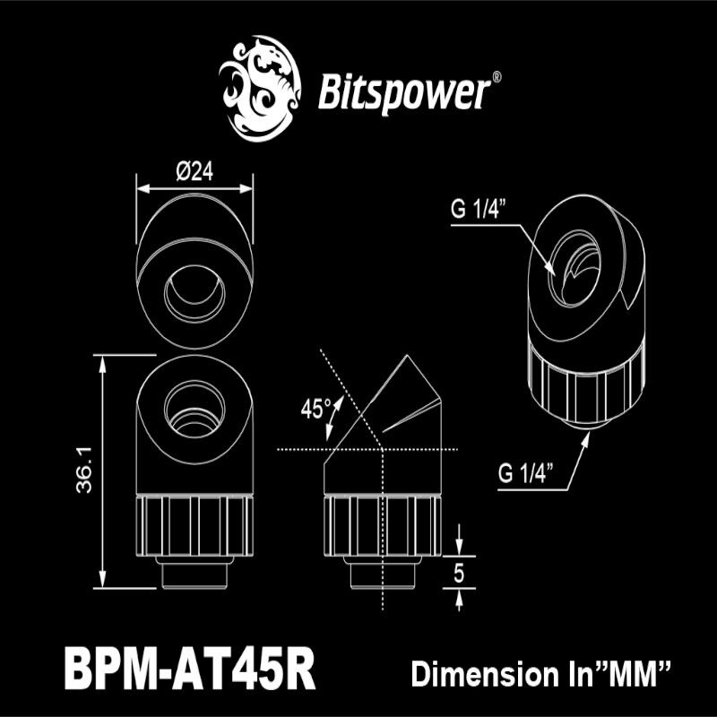 Bitspower Artemis BPM-AT45R-SL racor giratorio de 45°, plateado arenado