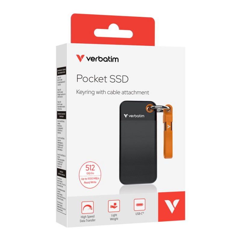 SSD portátil Verbatim Pocket 32285, 512 GB, USB 3.2 Type-C, negro/naranja