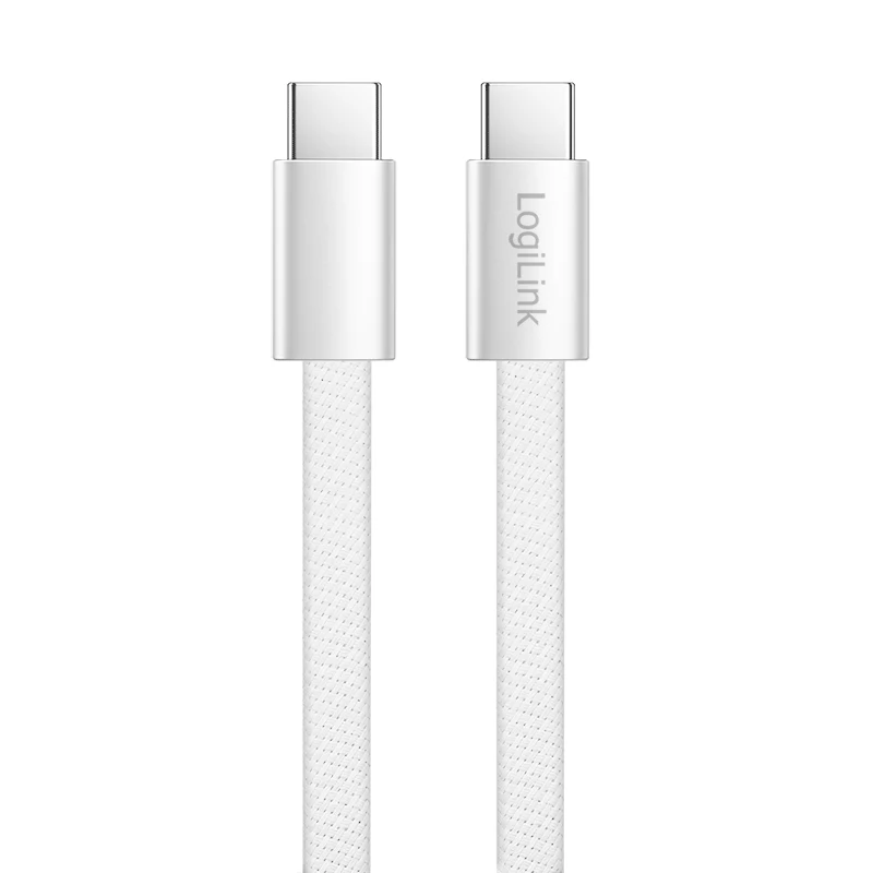 LogiLink CU0445 cable plano USB 2.0 de USB-C a USB-C, trenzado, 480 Mbps, 60 W, blanco, 1 m