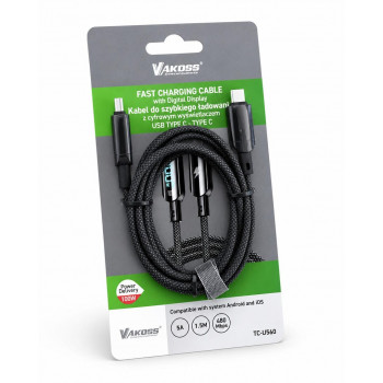 Vakoss TC-U560 cable USB-C a USB-C con pantalla digital, 100 W, 1,5 m, negro