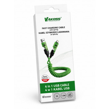 Vakoss MLU680G cable 4 en 1, 1,5 m, 60 W, 3 A, QC/PD, verde