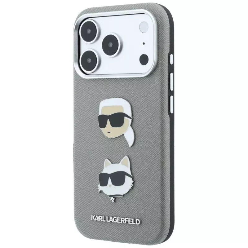 Karl Lagerfeld KF003253 funda Saffiano con Karl & Choupette Heads Pins y logotipo para iPhone 18 Pro / 17 Pro, gris