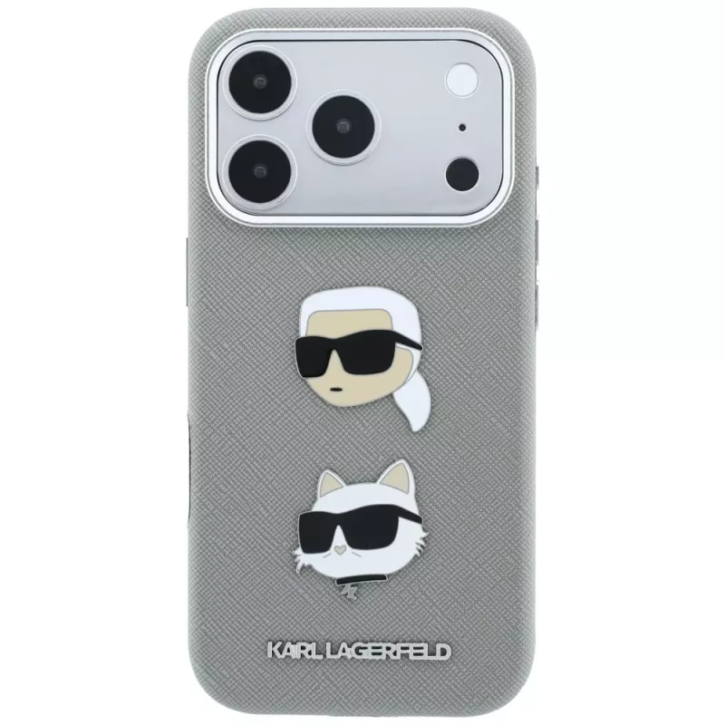 Karl Lagerfeld KF003253 funda Saffiano con Karl & Choupette Heads Pins y logotipo para iPhone 18 Pro / 17 Pro, gris