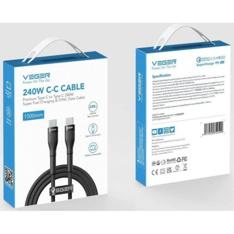 Veger CC03 cable USB-C a USB-C, PD 48 V 5 A 240 W, 1,5 m, negro