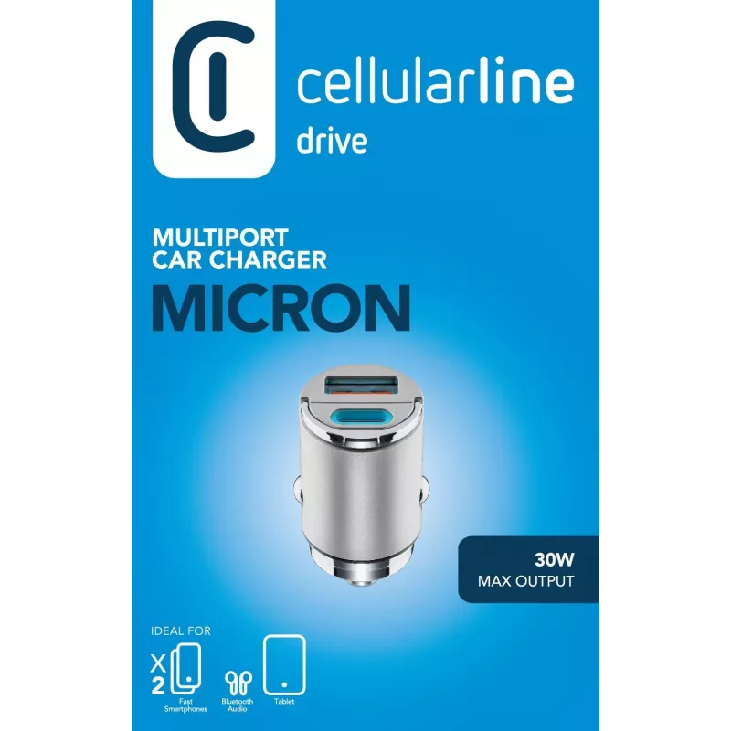 Cellularline Micron cargador de coche de 30 W, multipuerto USB-C/USB-A