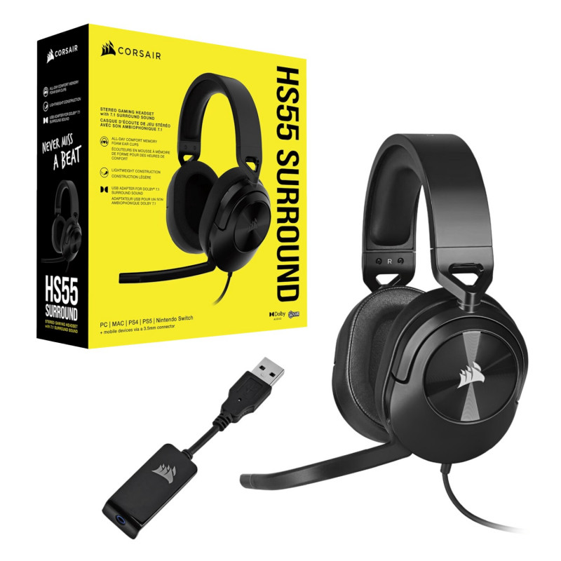 Corsair HS55 Surround CA-9011260-AP auriculares para juegos con cable y micrófono, Dolby Audio 7.1, negro carbón