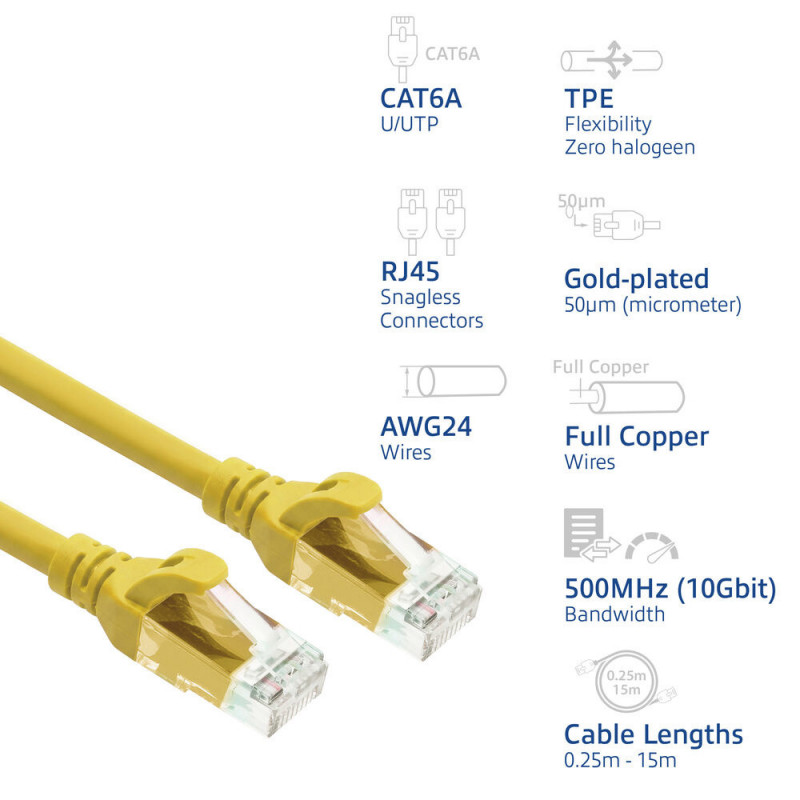 ACT FC1807 cable de red U/UTP CAT6A de TPE ultraflexible con conectores RJ45, 7 m, amarillo
