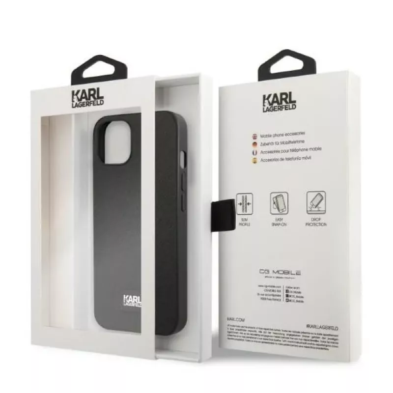 Karl Lagerfeld KLHCP13MSFMP2K funda rígida para iPhone 13 / 14 / 15, Saffiano Plaque, negra