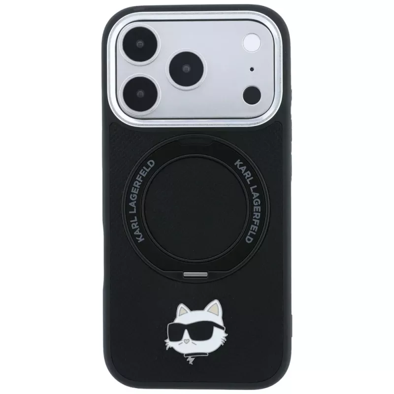 Karl Lagerfeld KF003216 Ring Stand 360 Choupette Head Pin MagSafe funda para iPhone 18 Pro Max / 17 Pro Max, negra
