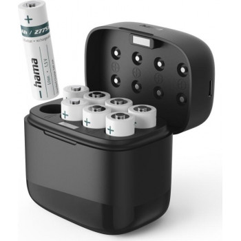 Hama cargador de pilas con 8 pilas recargables AA Li-Ion, 2000 mAh, carga por ranura individual, USB-C