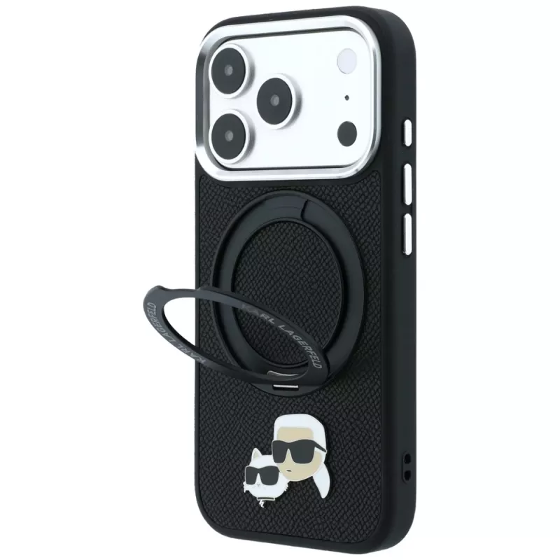 Karl Lagerfeld Ring Stand 360 Karl & Choupette Heads Pin funda con MagSafe para iPhone 18 Pro / 17 Pro, negra