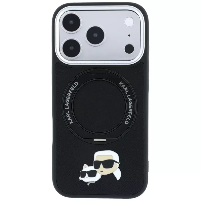 Karl Lagerfeld Ring Stand 360 Karl & Choupette Heads Pin funda con MagSafe para iPhone 18 Pro / 17 Pro, negra