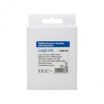 LogiLink NK0014R acoplador HDMI keystone A/F a HDMI A/F, 4K/30 Hz, repetidor, blanco