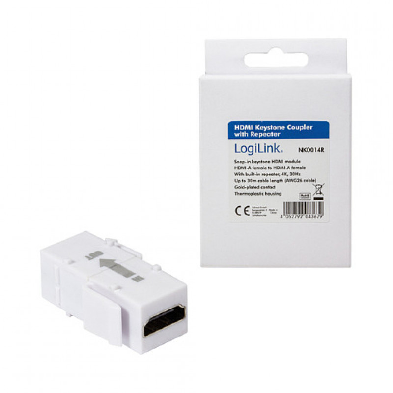 LogiLink NK0014R acoplador HDMI keystone A/F a HDMI A/F, 4K/30 Hz, repetidor, blanco