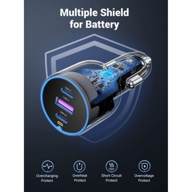 Ugreen EC705 cargador de coche, USB + 2x USB-C, 130 W, con cable de 1 m 5 A
