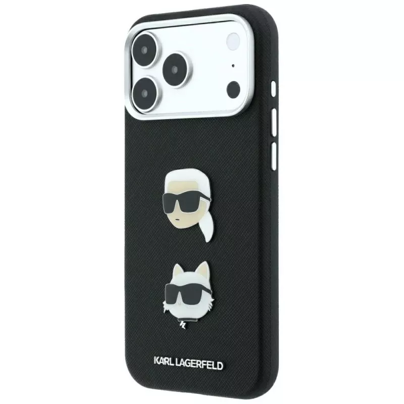 Karl Lagerfeld KF003250 funda para iPhone 18 Pro Max / 17 Pro Max, Saffiano with Karl & Choupette Heads Pins & Logo, negra