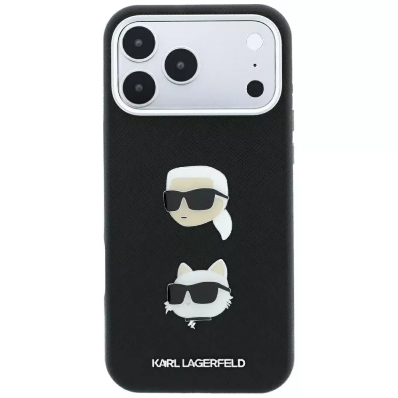 Karl Lagerfeld KF003250 funda para iPhone 18 Pro Max / 17 Pro Max, Saffiano with Karl & Choupette Heads Pins & Logo, negra