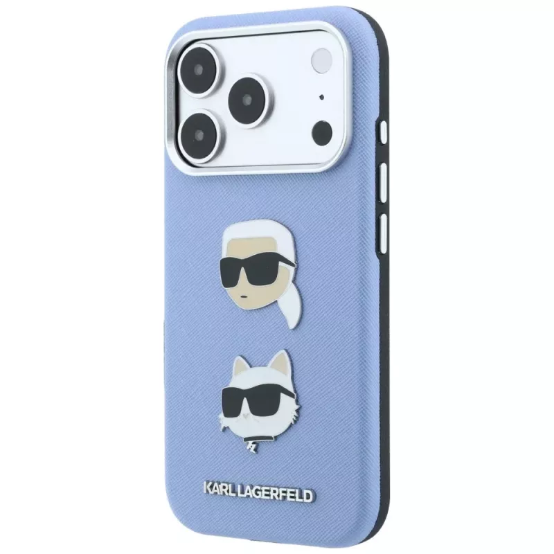 Karl Lagerfeld KF003247 funda Saffiano con Karl & Choupette Heads Pins & Logo para iPhone 18 Pro / 17 Pro, azul claro