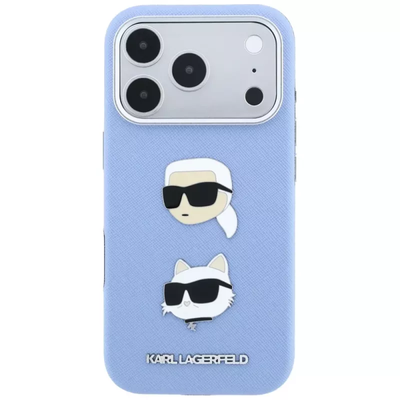 Karl Lagerfeld KF003247 funda Saffiano con Karl & Choupette Heads Pins & Logo para iPhone 18 Pro / 17 Pro, azul claro
