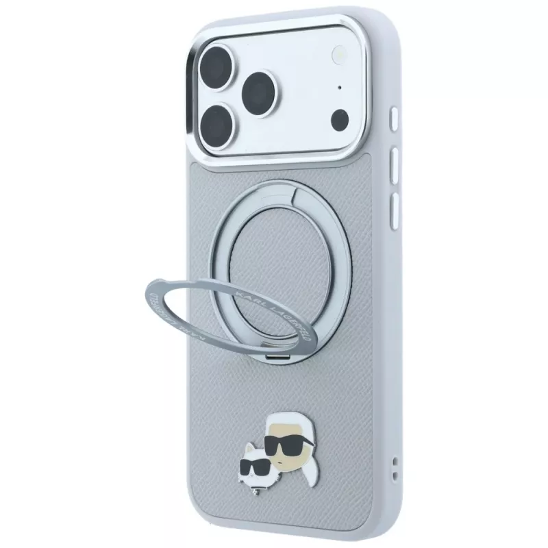 Funda Karl Lagerfeld KF003229 con anillo soporte 360 Karl & Choupette Heads Pin MagSafe para iPhone 18 Pro / 17 Pro, gris