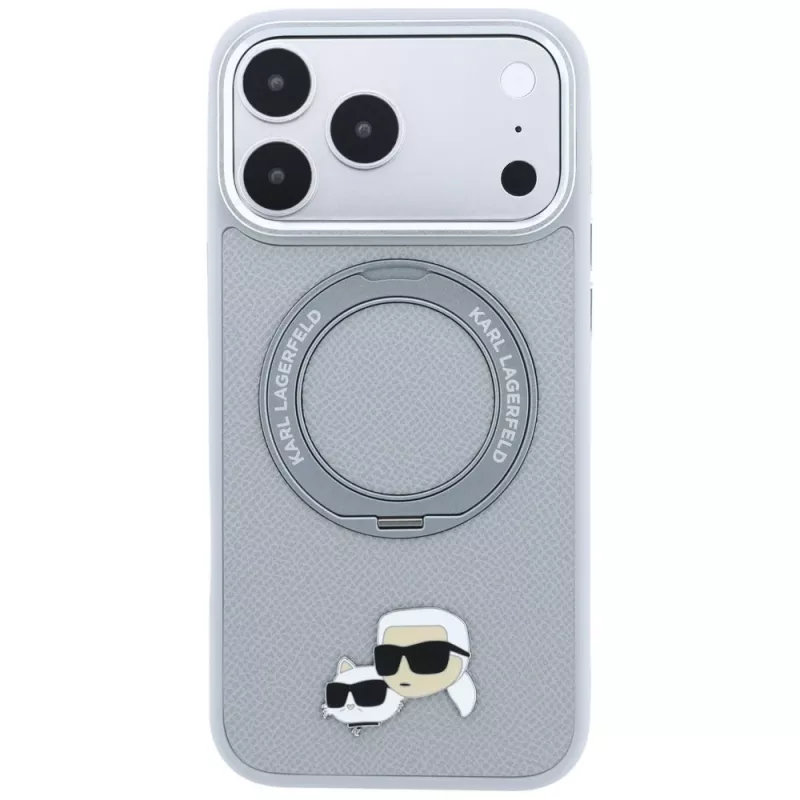 Funda Karl Lagerfeld KF003229 con anillo soporte 360 Karl & Choupette Heads Pin MagSafe para iPhone 18 Pro / 17 Pro, gris