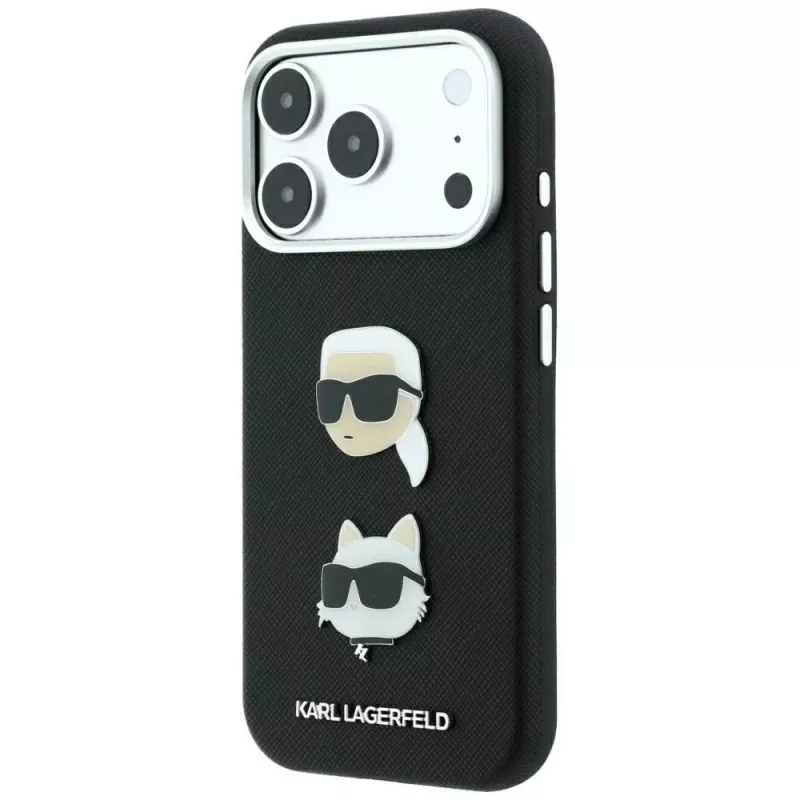 Karl Lagerfeld KF003249 Saffiano with Karl & Choupette Heads Pins & Logo funda para iPhone 18 Pro / 17 Pro, negra