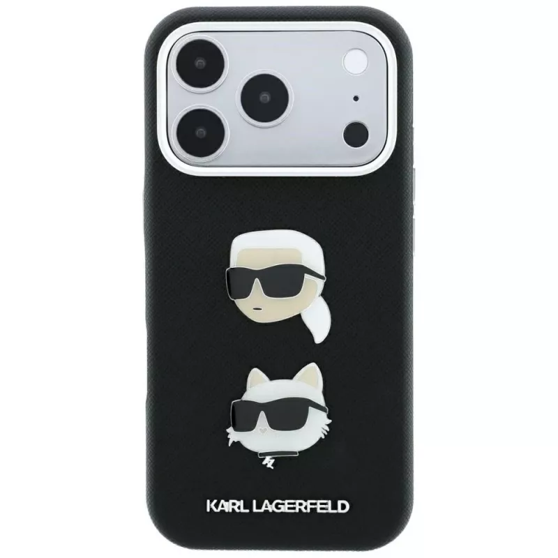 Karl Lagerfeld KF003249 Saffiano with Karl & Choupette Heads Pins & Logo funda para iPhone 18 Pro / 17 Pro, negra