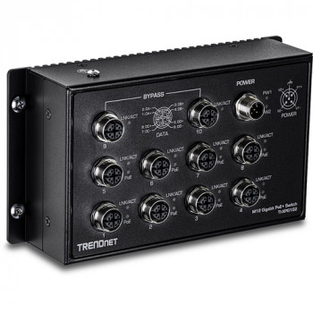 TRENDnet TI-XPG102 switch industrial, EN50155, M12, Gigabit PoE+, ferroviario, 10 puertos