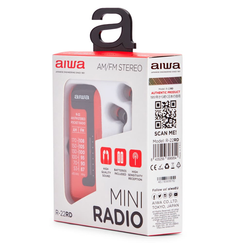 AIWA R-22RD radio de bolsillo con auriculares, roja