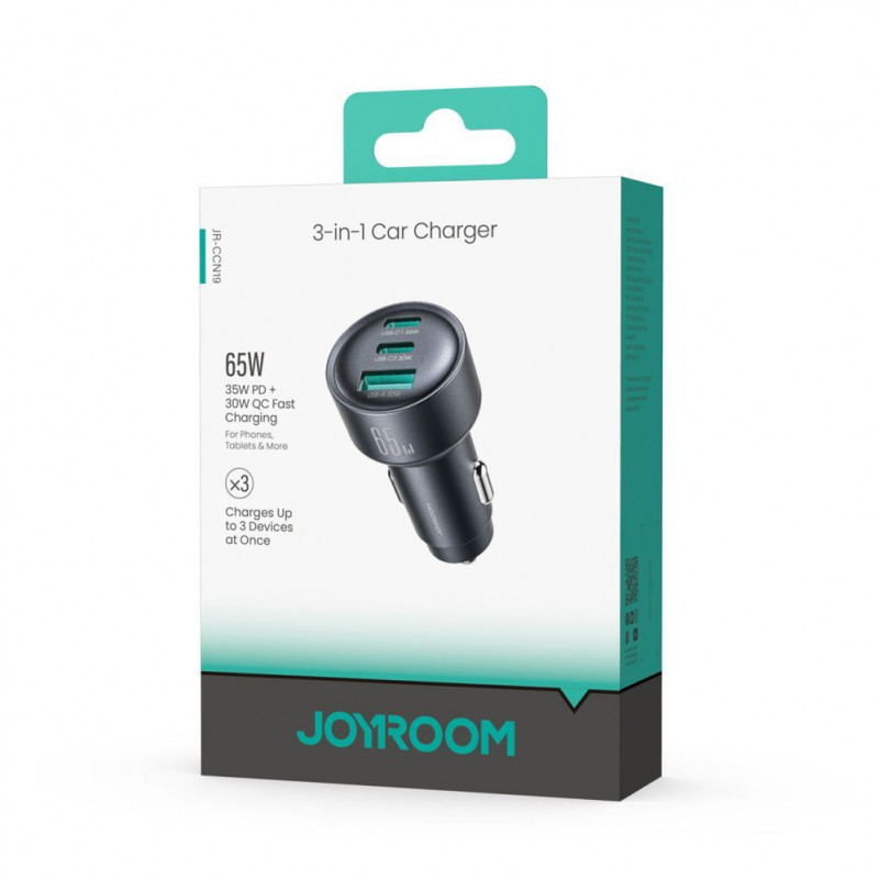 Joyroom JR-CCN19 cargador de coche, 65 W, 2x USB-C + USB-A, gris oscuro