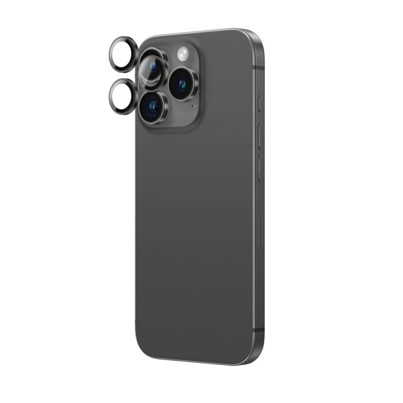 AmazingThing AR Aluminum 3 Lens Glass protector de objetivos de cámara con marco para iPhone 16 Pro / 16 Pro Max, negro