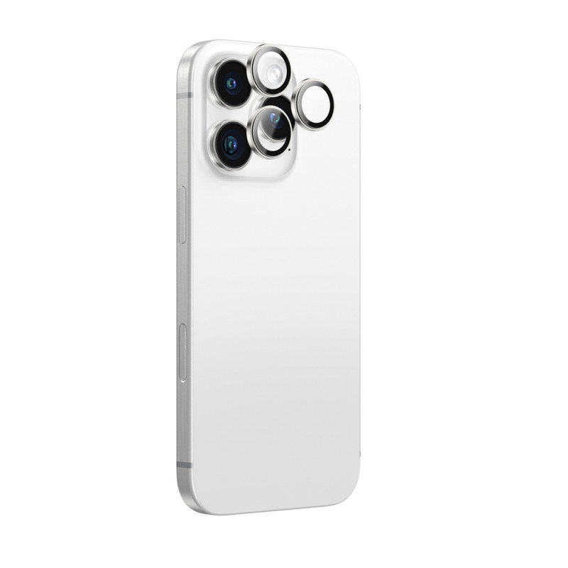AmazingThing AR Aluminum 3 Lens Glass protector de objetivos de cámara con marco para iPhone 16 Pro / 16 Pro Max, plateado